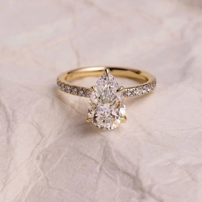 2.0 CT Pear Cut Moissanite or Lab Grown Diamond Pavé Engagement Ring, Custom Solid Gold Solitaire ring