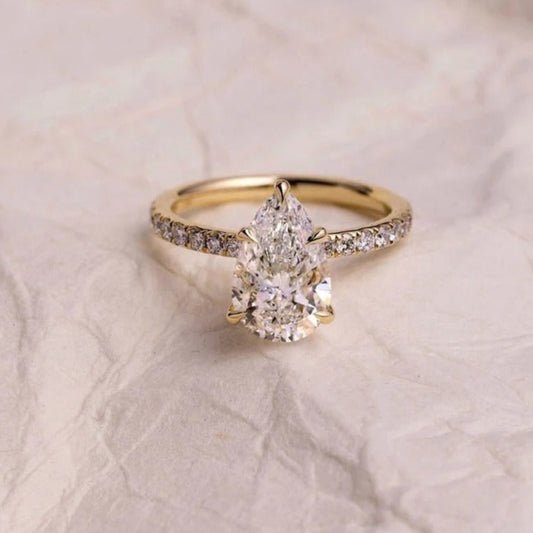 2.0 CT Pear Cut Moissanite or Lab Grown Diamond Pavé Engagement Ring, Custom Solid Gold Solitaire ring