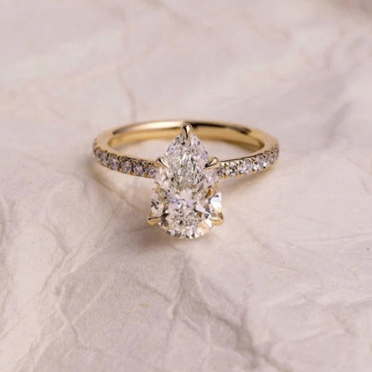 3 CT Pear Cut Moissanite or Lab Grown Diamond Engagement Ring, 14K Gold Pave Band Bridal Wedding Ring