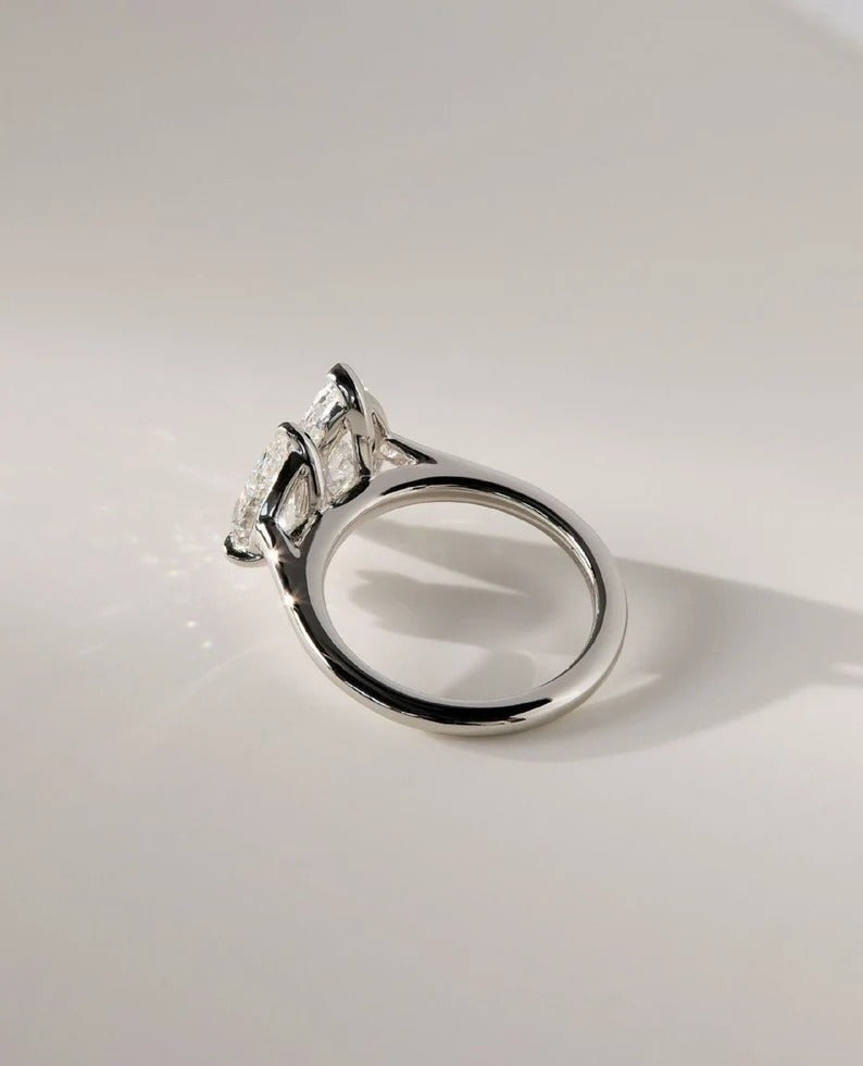 Toi et Moi Ring, Marquise and Pear Cut Moissanite or Lab Grown Diamond Ring in Solid Gold Ring