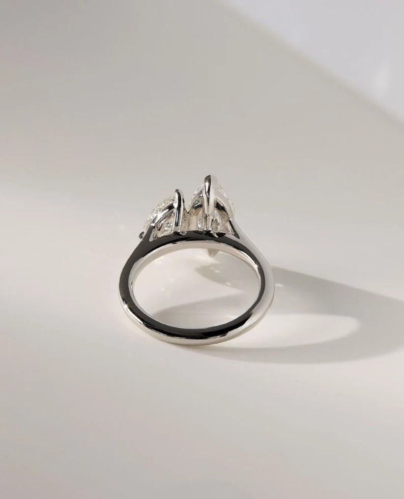Toi et Moi Ring, Marquise and Pear Cut Moissanite or Lab Grown Diamond Ring in Solid Gold Ring