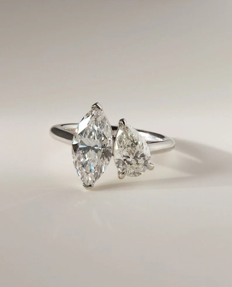 Toi et Moi Ring, Marquise and Pear Cut Moissanite or Lab Grown Diamond Ring in Solid Gold Ring
