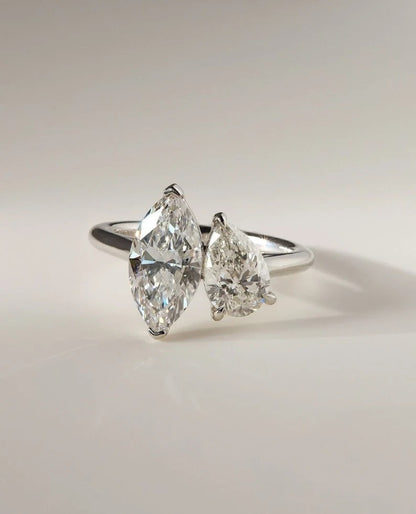 Toi et Moi Ring, Marquise and Pear Cut Moissanite or Lab Grown Diamond Ring in Solid Gold Ring