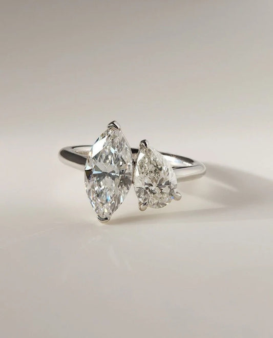 Toi et Moi Ring, Marquise and Pear Cut Moissanite or Lab Grown Diamond Ring in Solid Gold Ring