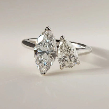 Toi et Moi Marquise and Pear Cut Moissanite Ring – 14K Gold Bypass Style Engagement Ring