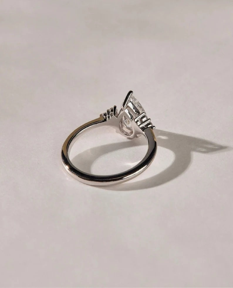 2 CT Pear Cut Moissanite Cluster Engagement Ring – Dainty 14K Gold Ring with Side Diamonds Ring