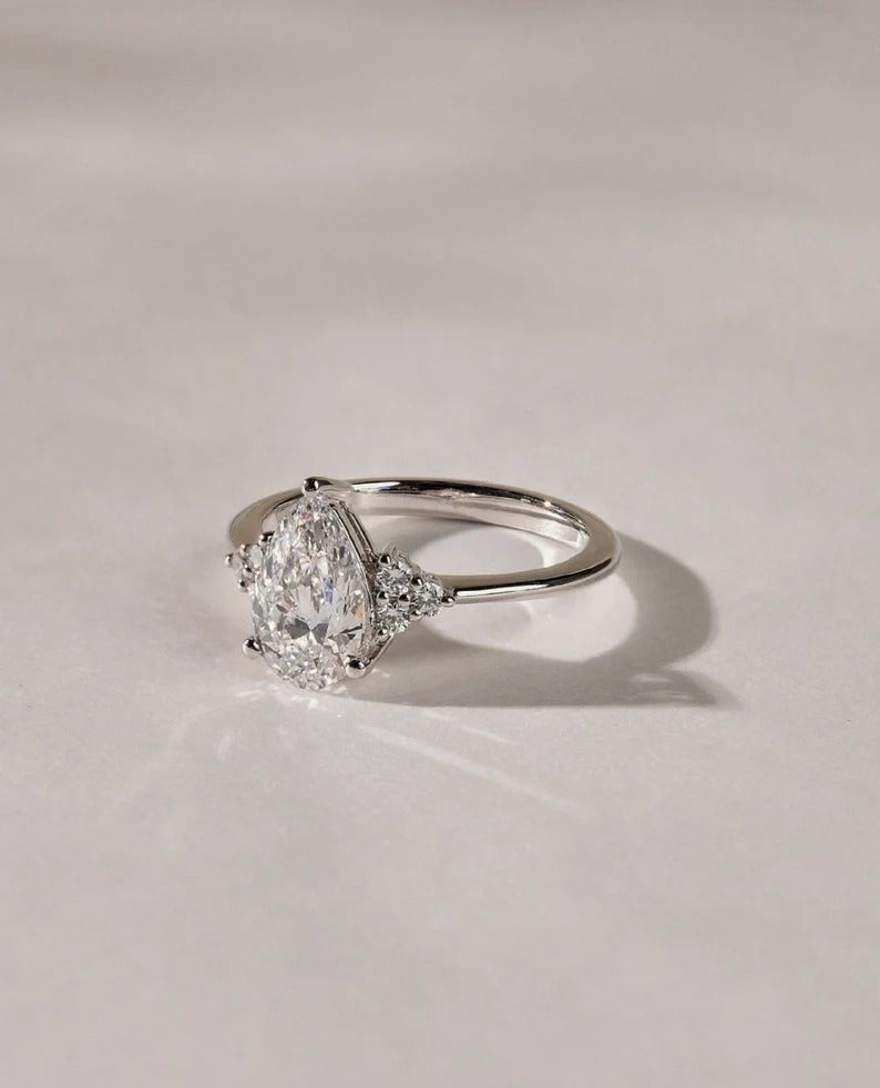 2 CT Pear Cut Moissanite Cluster Engagement Ring – Dainty 14K Gold Ring with Side Diamonds Ring