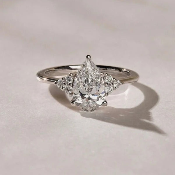 2 CT Pear Cut Moissanite Cluster Engagement Ring – Dainty 14K Gold Ring with Side Diamonds Ring