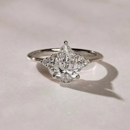 2 CT Pear Cut Moissanite Cluster Engagement Ring – Dainty 14K Gold Ring with Side Diamonds Ring