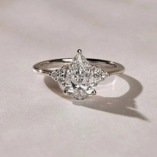 2 CT Pear Cut Moissanite Cluster Engagement Ring – Dainty 14K Gold Ring with Side Diamonds Ring