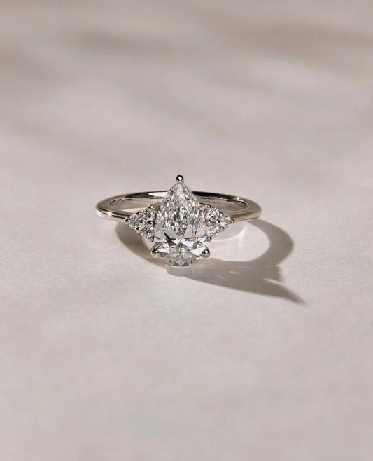 1.5 CT Pear Cut Moissanite or Lab Diamond Cluster Engagement Ring, 14K Gold Dainty Bridal Ring