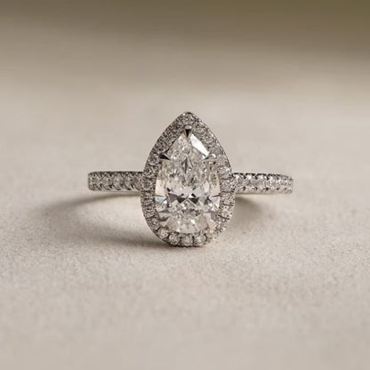 3 CT Pear Halo Moissanite Engagement Ring – 14K Solid Gold Lab Grown Diamond Promise Ring