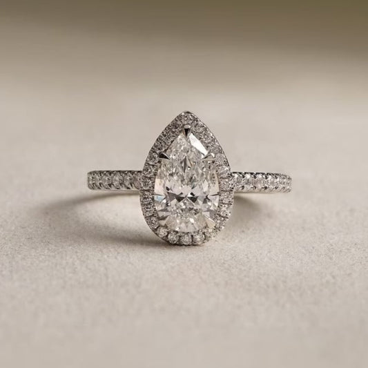 3 CT Pear Halo Moissanite Engagement Ring – 14K Solid Gold Lab Grown Diamond Promise Ring