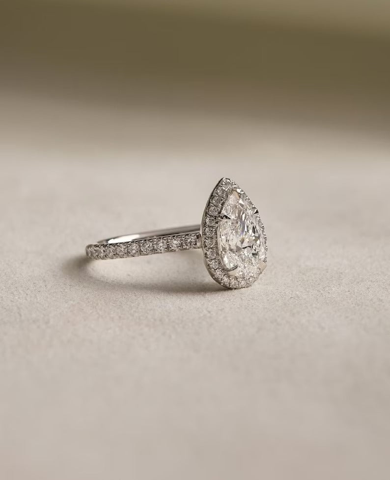 3 CT Pear Halo Moissanite Engagement Ring – 14K Solid Gold Lab Grown Diamond Promise Ring