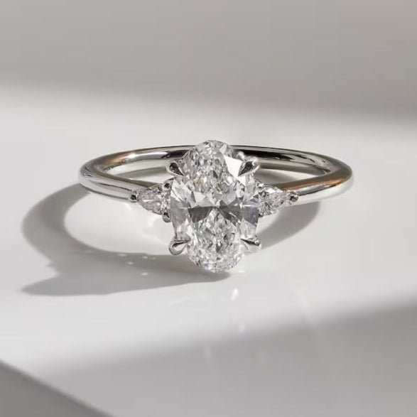 Oval Cut Moissanite Three Stone Engagement Ring – 14K Solid Gold Lab Grown Diamond RinG