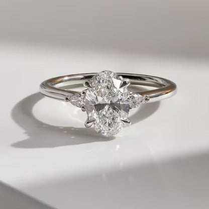 Oval Cut Moissanite Three Stone Engagement Ring – 14K Solid Gold Lab Grown Diamond RinG