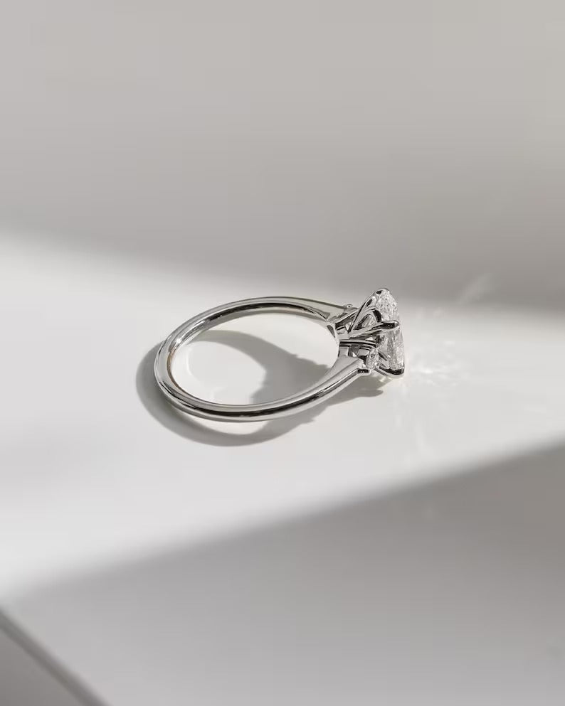 Oval Cut Moissanite Three Stone Engagement Ring – 14K Solid Gold Lab Grown Diamond RinG