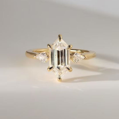 Hexagon Moissanite Engagement Ring – 14K Gold Three Stone Ring – Unique Lab Grown Diamond Bridal Ring