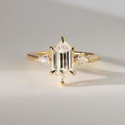 Hexagon Moissanite Engagement Ring – 14K Gold Three Stone Ring – Unique Lab Grown Diamond Bridal Ring