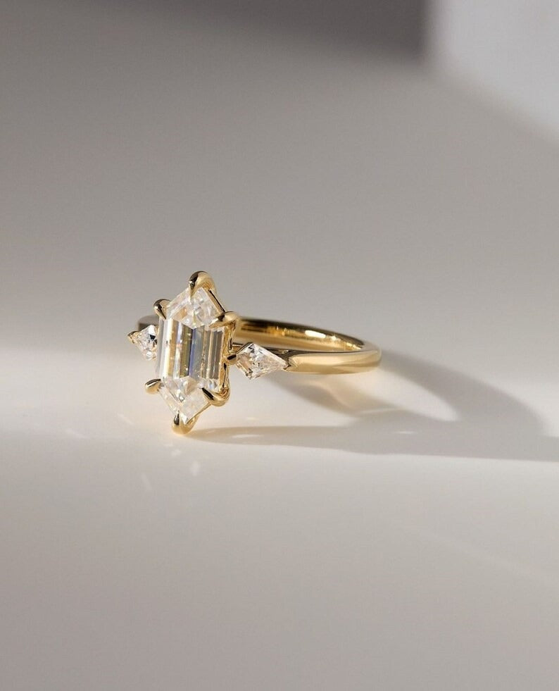 Hexagon Moissanite Engagement Ring – 14K Gold Three Stone Ring – Unique Lab Grown Diamond Bridal Ring