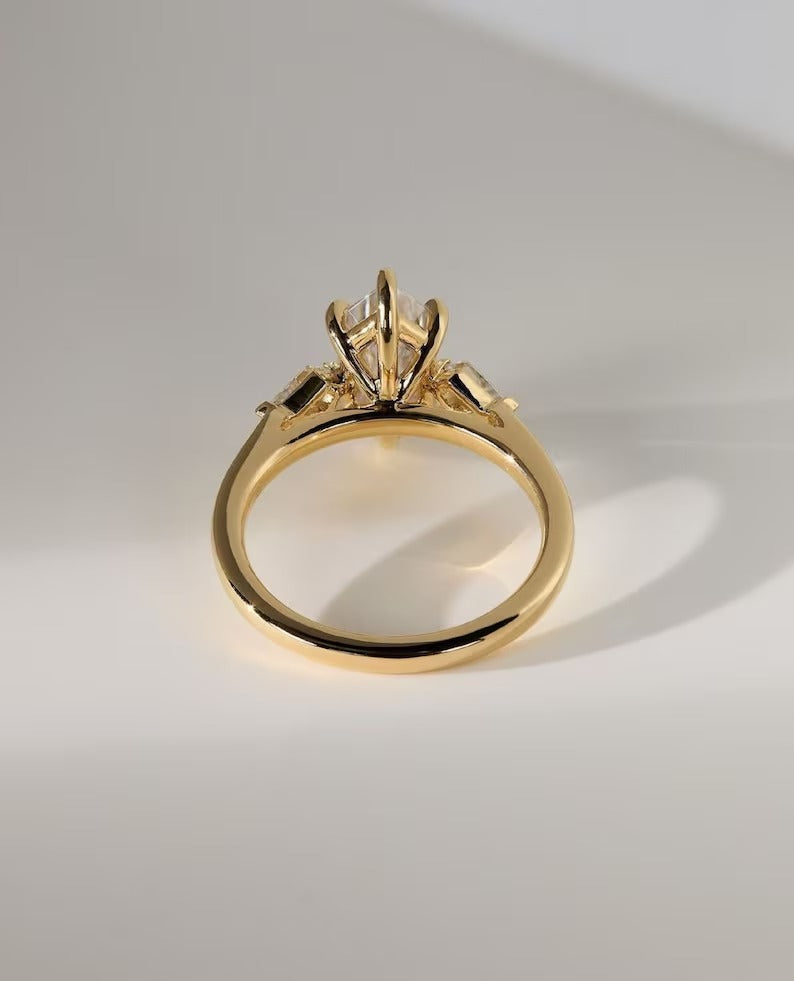Hexagon Moissanite Engagement Ring – 14K Gold Three Stone Ring – Unique Lab Grown Diamond Bridal Ring