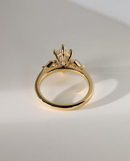 Hexagon Moissanite Engagement Ring – 14K Gold Three Stone Ring – Unique Lab Grown Diamond Bridal Ring