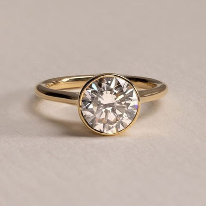 Round Bezel Set Solitaire Moissanite Engagement Ring – 14K Solid Gold Ring  - Lab Grown Wedding Ring