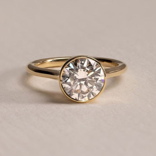 Round Bezel Set Solitaire Moissanite Engagement Ring – 14K Solid Gold Ring  - Lab Grown Wedding Ring