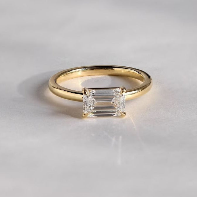 Emerald Cut Moissanite Solitaire Ring – 1.5 CT East West Minimalist Engagement Ring in 14K Solid Gold
