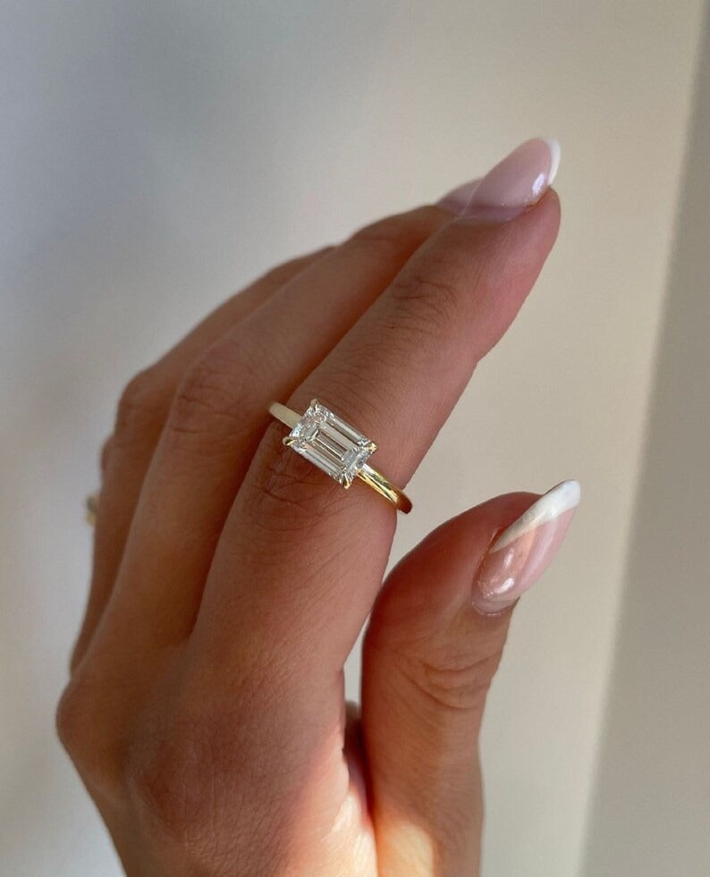 Emerald Cut Moissanite Solitaire Ring – 1.5 CT East West Minimalist Engagement Ring in 14K Solid Gold