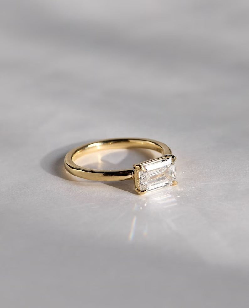 Emerald Cut Moissanite Solitaire Ring – 1.5 CT East West Minimalist Engagement Ring in 14K Solid Gold