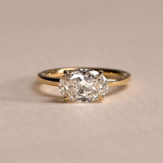 East West Oval Cut Moissanite Ring – 2 CT Solitaire Engagement Ring in 14K Solid Gold Ring