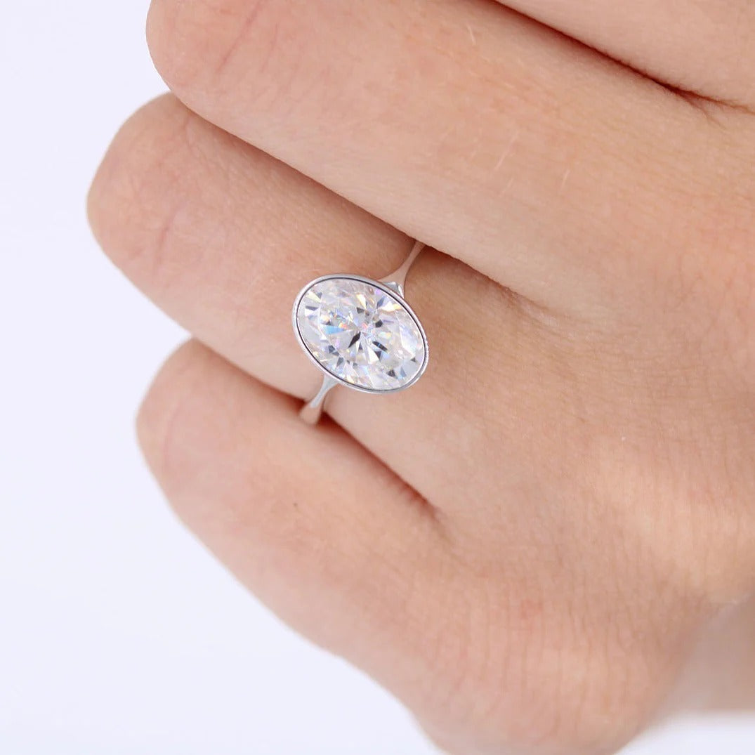 Oval Cut Bezel Set Moissanite Solitaire Ring – 14K Solid Gold Minimalist Engagement or Promise Ring