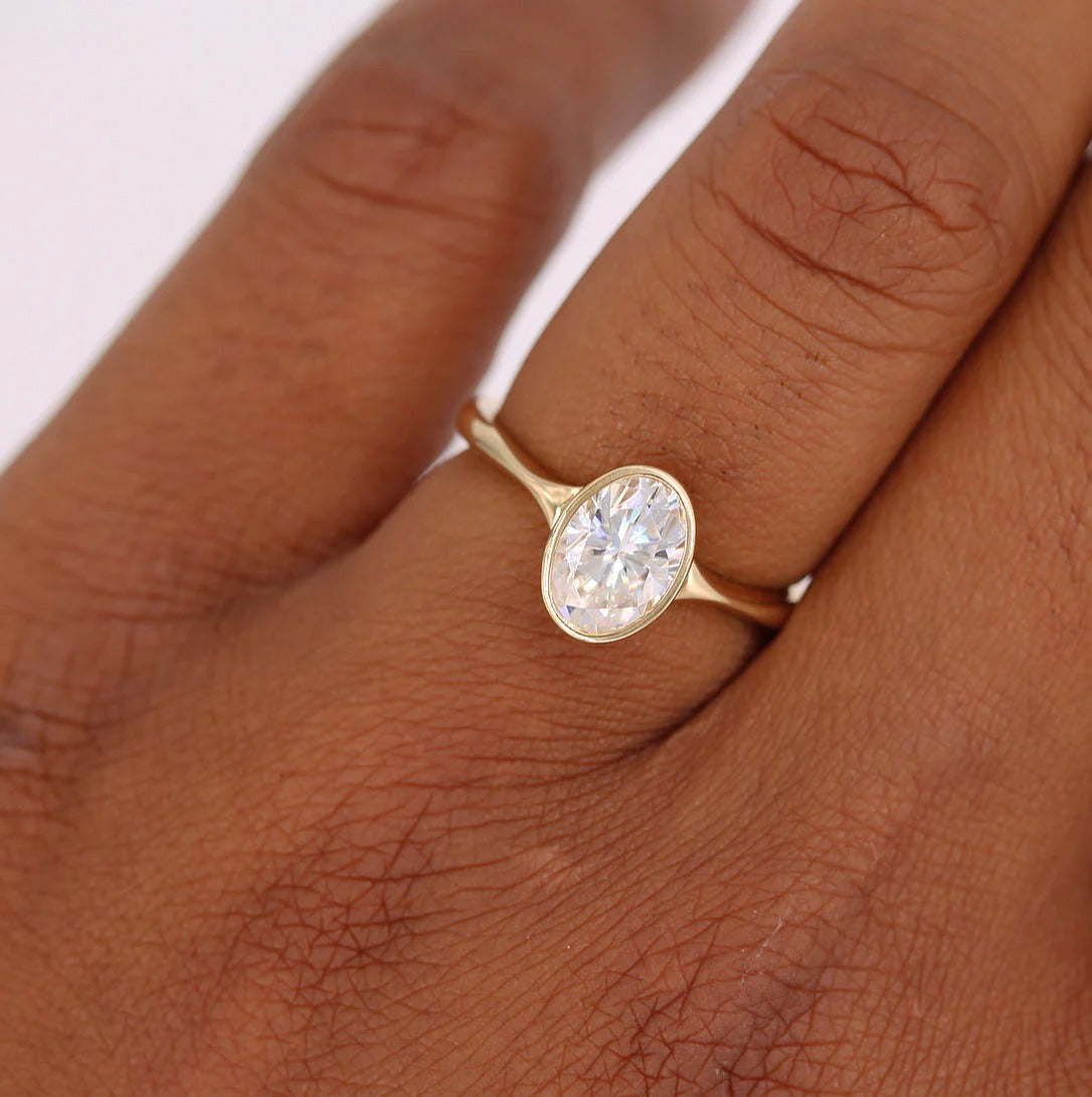 Oval Cut Bezel Set Moissanite Solitaire Ring – 14K Solid Gold Minimalist Engagement or Promise Ring