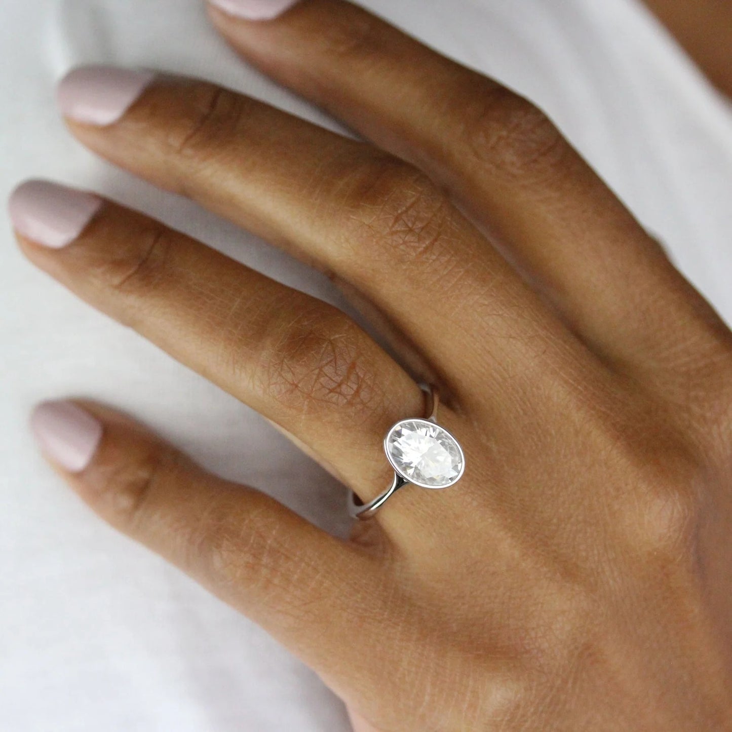 Oval Cut Bezel Set Moissanite Solitaire Ring – 14K Solid Gold Minimalist Engagement or Promise Ring