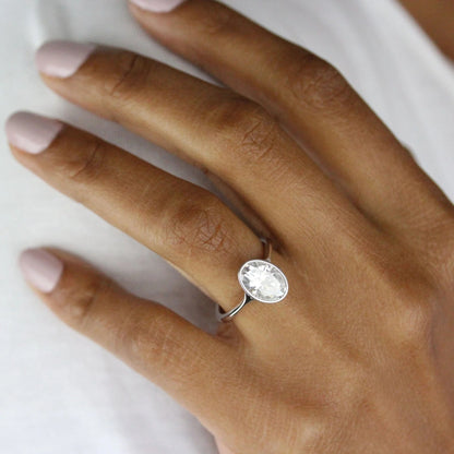 Oval Cut Bezel Set Moissanite Solitaire Ring – 14K Solid Gold Minimalist Engagement or Promise Ring