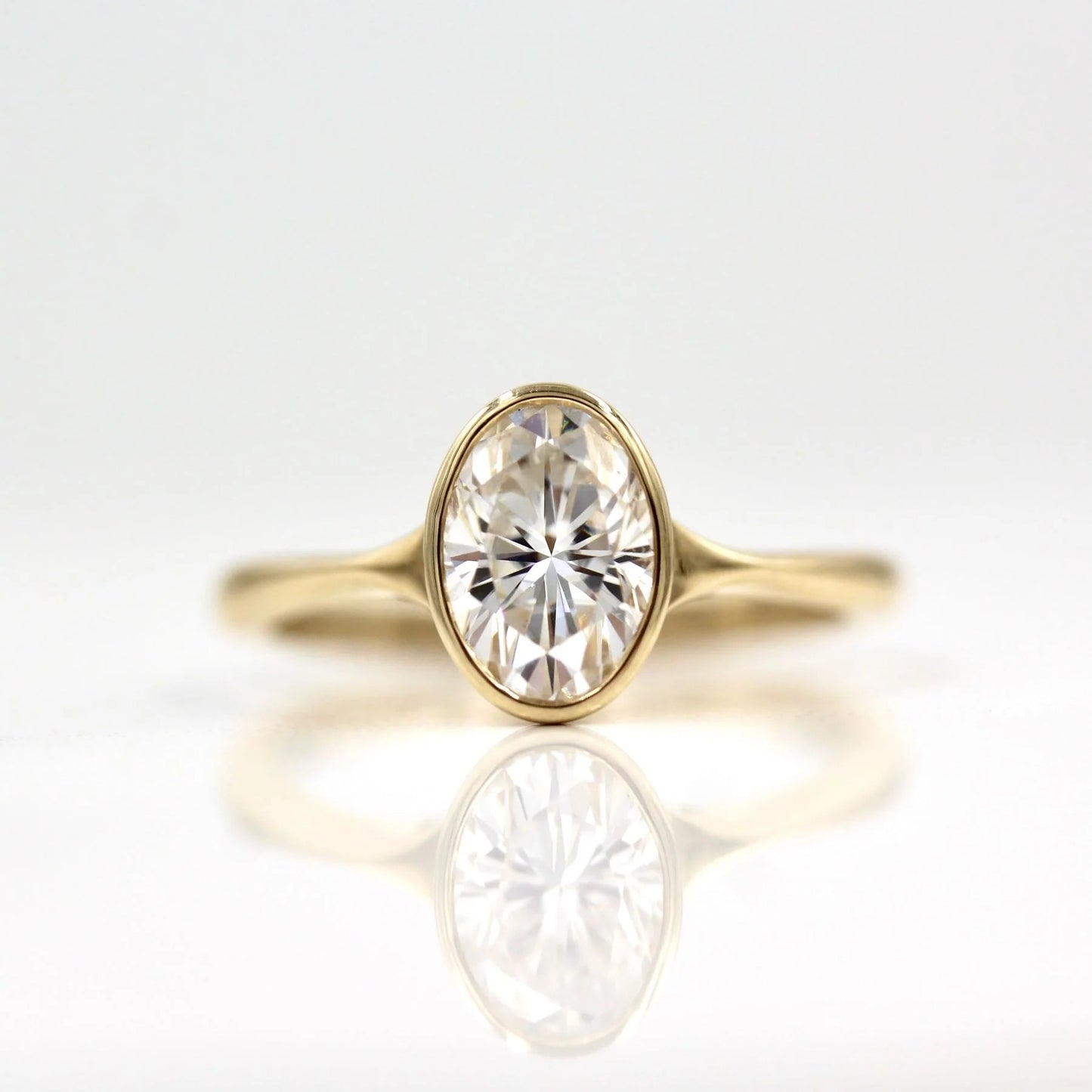 Oval Cut Bezel Set Moissanite Solitaire Ring – 14K Solid Gold Minimalist Engagement or Promise Ring