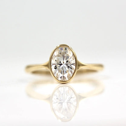 Oval Cut Bezel Set Moissanite Solitaire Ring – 14K Solid Gold Minimalist Engagement or Promise Ring