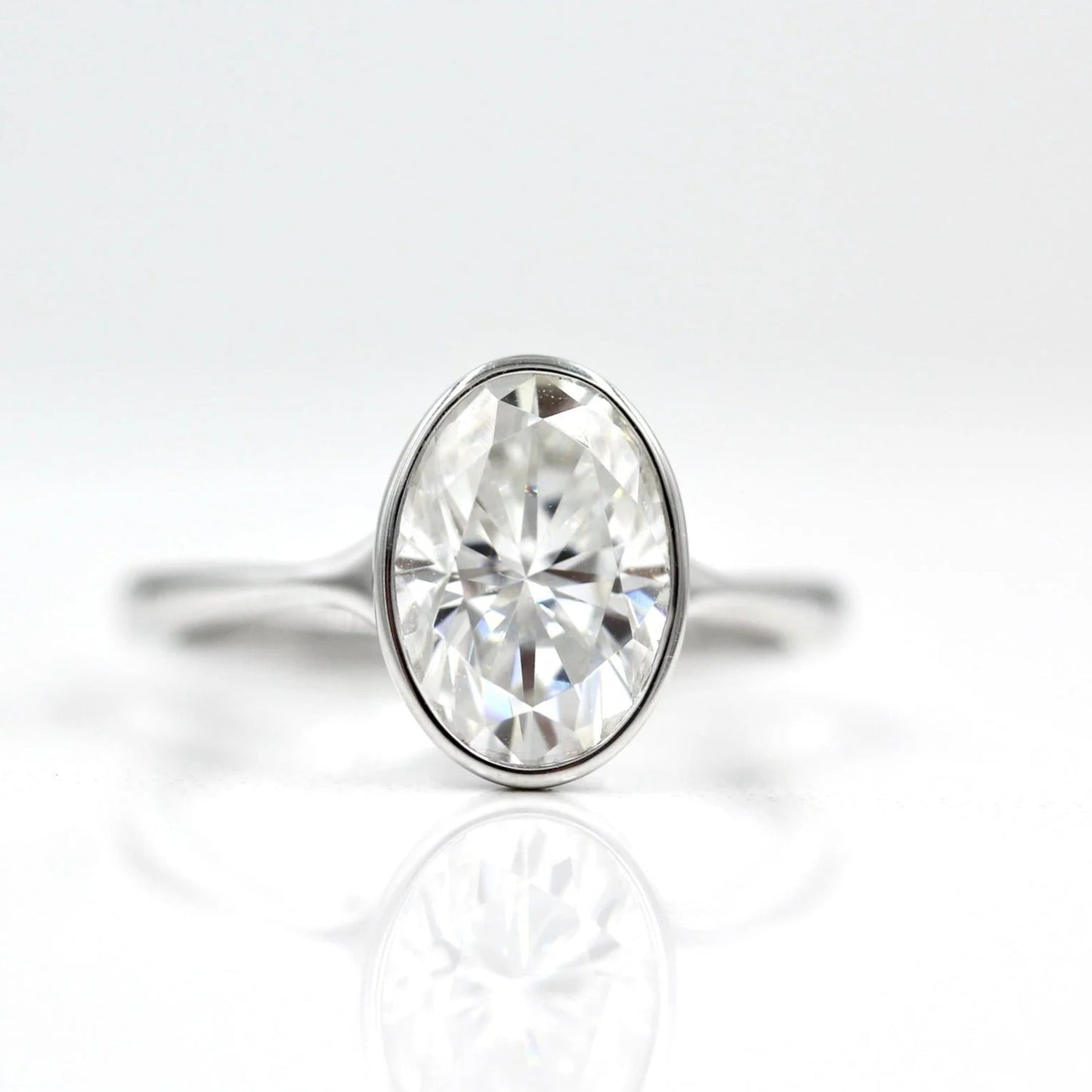 Oval Cut Bezel Set Moissanite Solitaire Ring – 14K Solid Gold Minimalist Engagement or Promise Ring