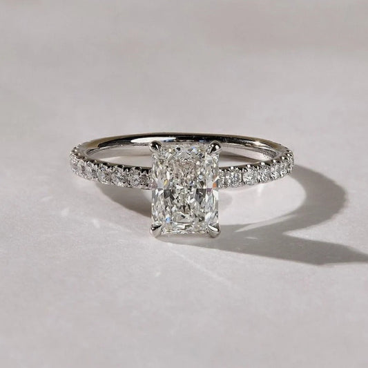 2 CT Radiant Cut Moissanite Diamond Pavé Band Engagement Ring Lab Grown Diamond Ring