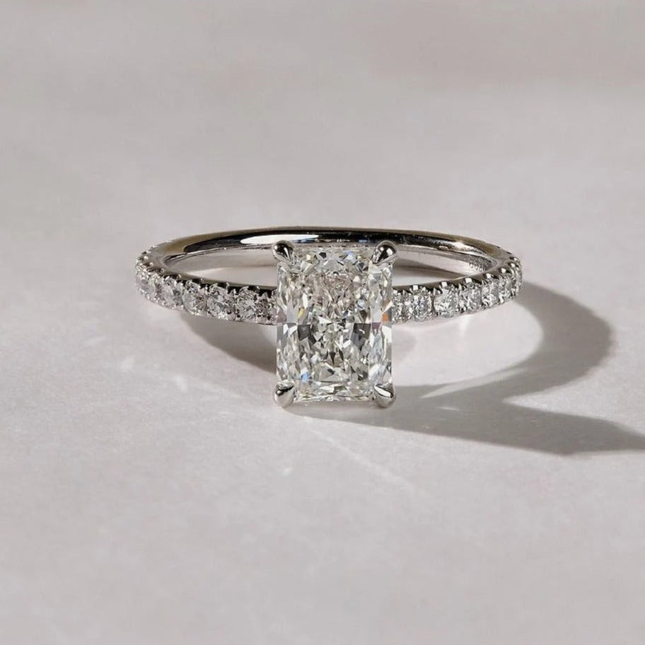 Radiant Cut Moissanite Engagement Ring – 14K White Gold Pave Diamond Band