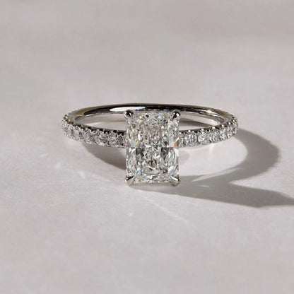 Radiant Cut Moissanite Engagement Ring – 14K White Gold Pave Diamond Band