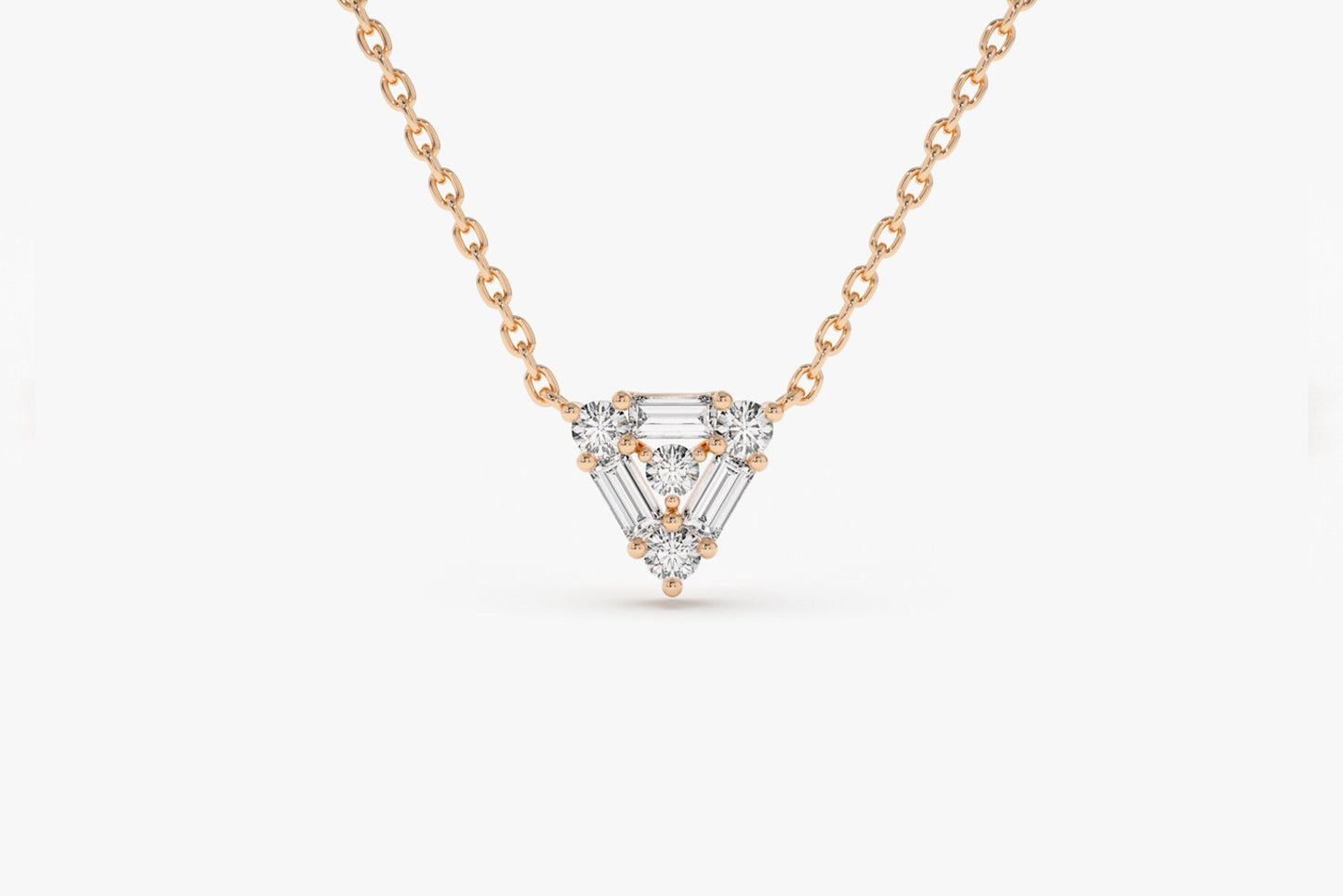Baguette & Round Diamond Triangle Necklace – 14K Solid Gold | Minimalist Layering Pendant | Moissanite or Lab Grown Diamond