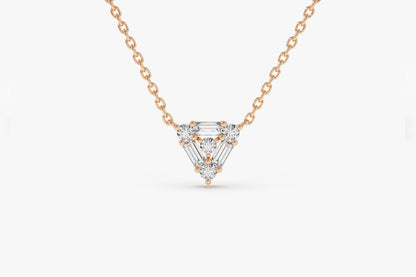 Baguette & Round Diamond Triangle Necklace – 14K Solid Gold | Minimalist Layering Pendant | Moissanite or Lab Grown Diamond