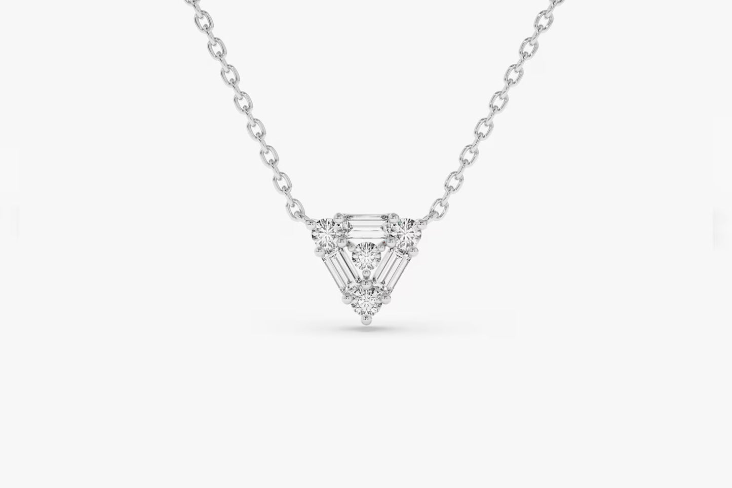Baguette & Round Diamond Triangle Necklace – 14K Solid Gold | Minimalist Layering Pendant | Moissanite or Lab Grown Diamond