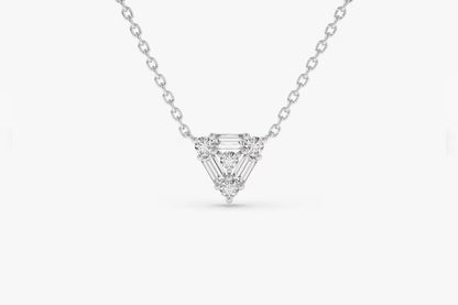 Baguette & Round Diamond Triangle Necklace – 14K Solid Gold | Minimalist Layering Pendant | Moissanite or Lab Grown Diamond