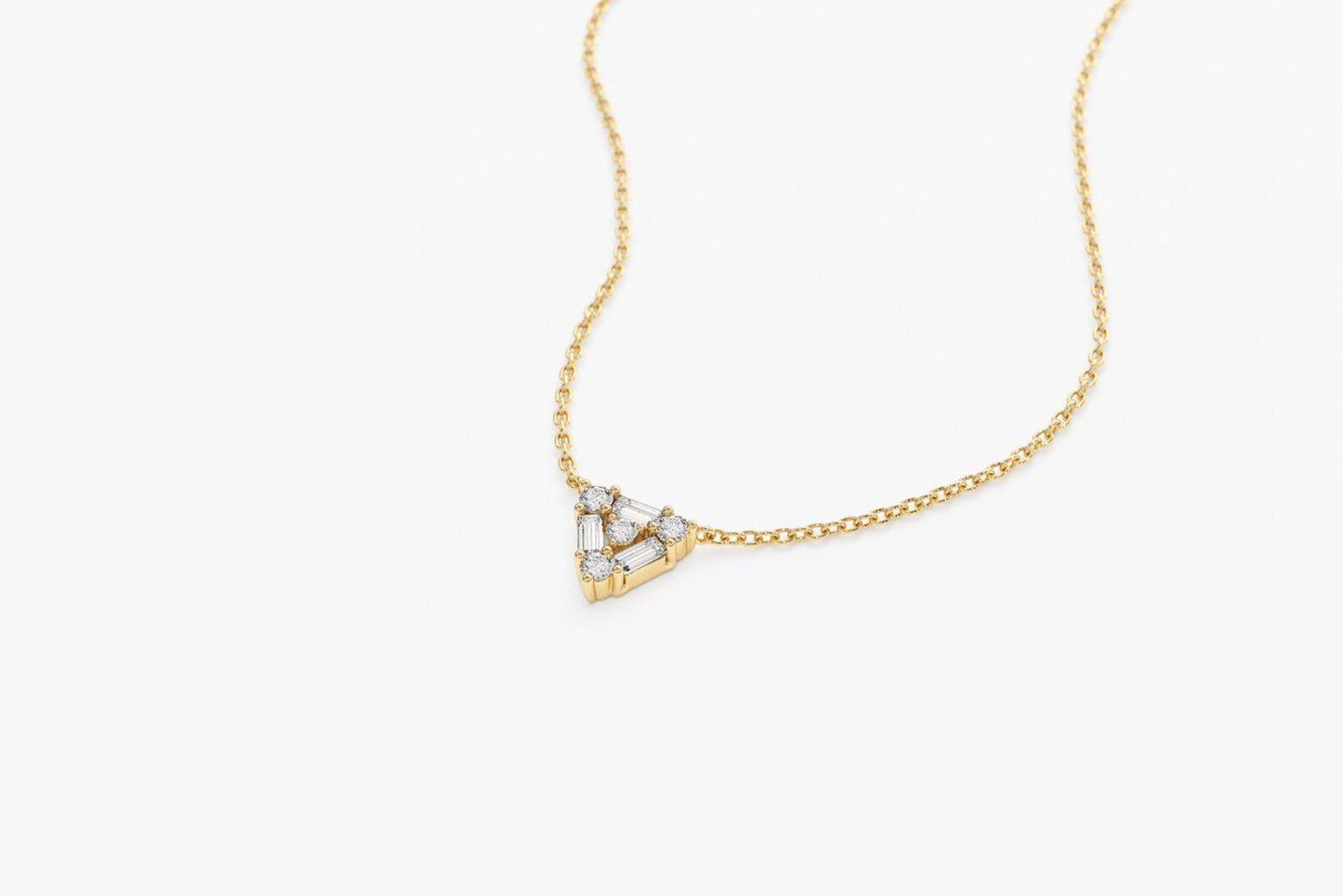 Baguette & Round Diamond Triangle Necklace – 14K Solid Gold | Minimalist Layering Pendant | Moissanite or Lab Grown Diamond