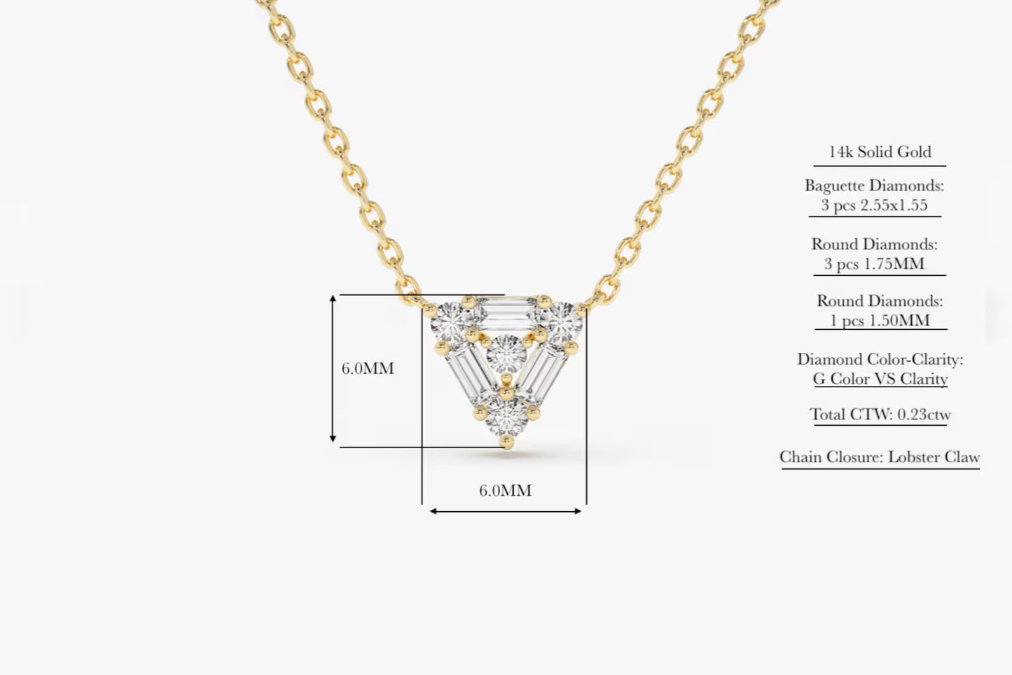 Baguette & Round Diamond Triangle Necklace – 14K Solid Gold | Minimalist Layering Pendant | Moissanite or Lab Grown Diamond