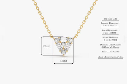 Baguette & Round Diamond Triangle Necklace – 14K Solid Gold | Minimalist Layering Pendant | Moissanite or Lab Grown Diamond