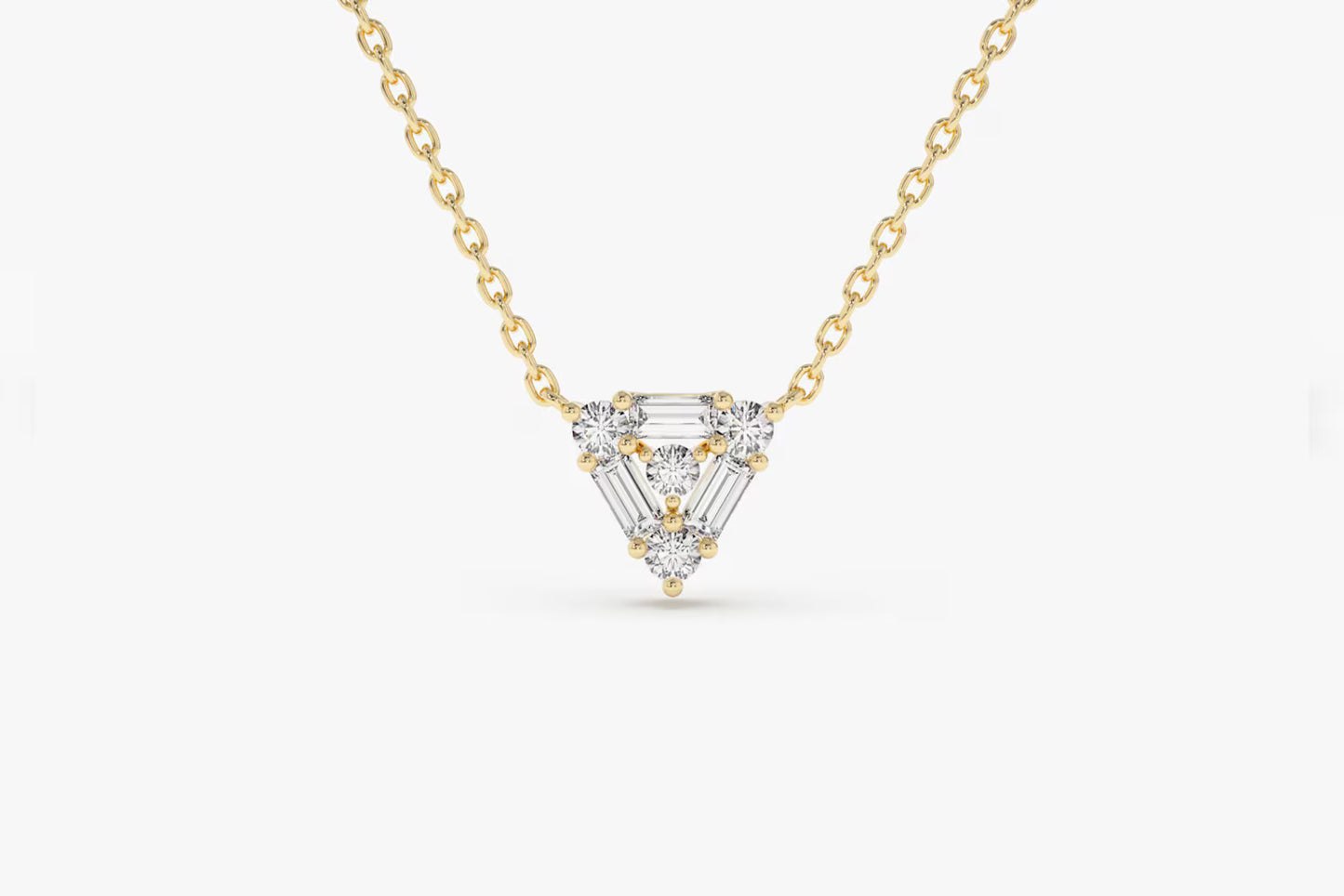 Baguette & Round Diamond Triangle Necklace – 14K Solid Gold | Minimalist Layering Pendant | Moissanite or Lab Grown Diamond
